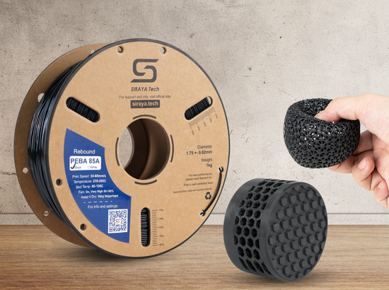 Siraya Tech black PEBA 85A filament with two 3D printed output