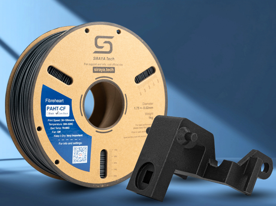Black Siraya Tech PAHT-CF Filament Spool with 3D printed sample
